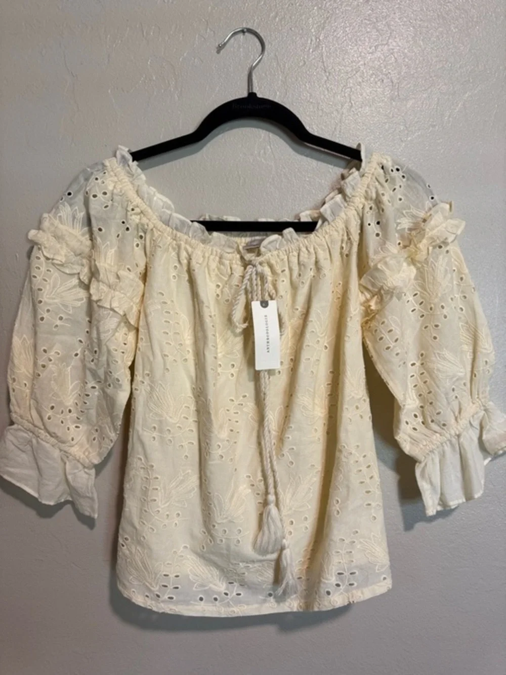 Anthropologie Cream Eyelet Off-Shoulder Peasant Blouse with Tassel